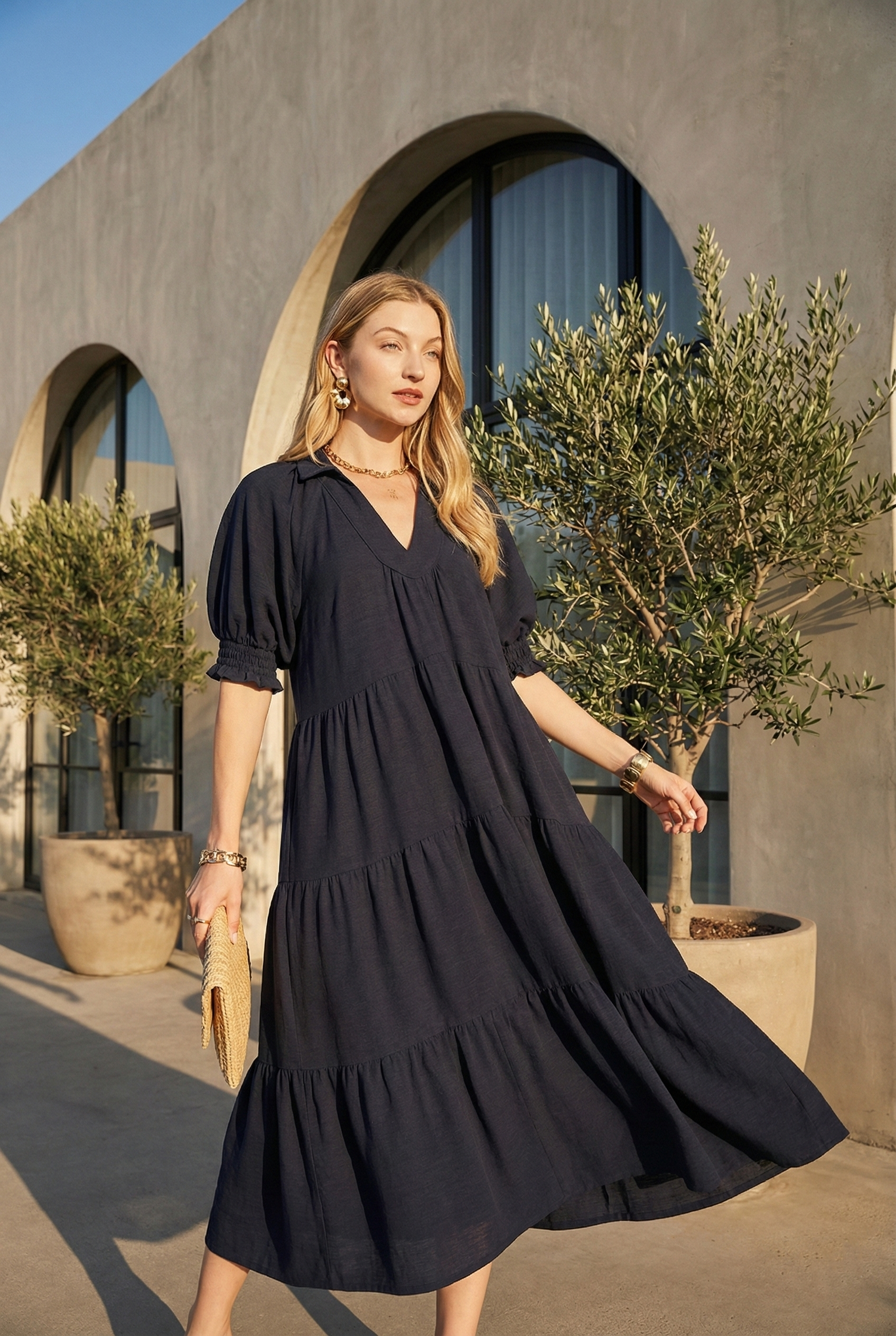 Umgee Solid Tiered Midi Dress