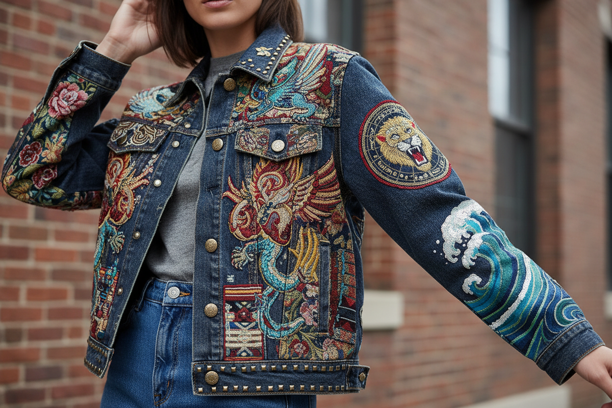 close up shot of a woman wearing a denim jacket with interesting designs on the jackets