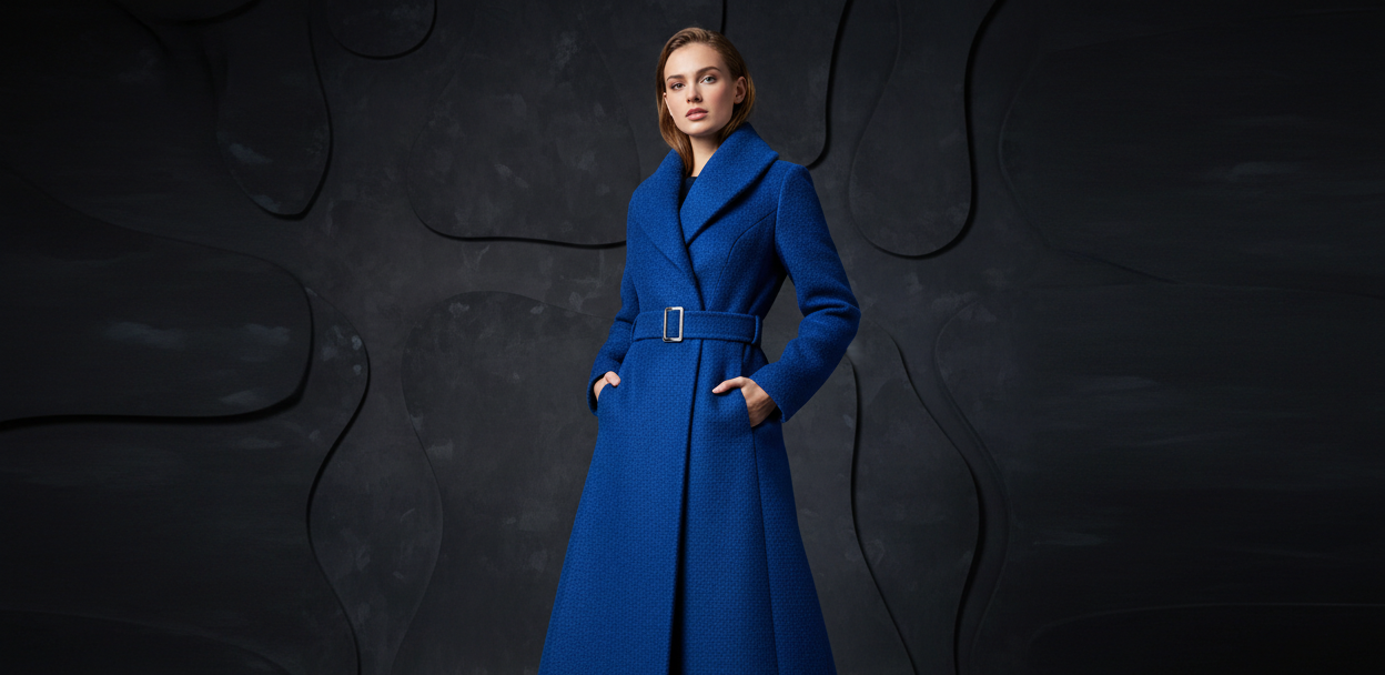 Woman wearing a long blue winter coat on a dark textured seamless background